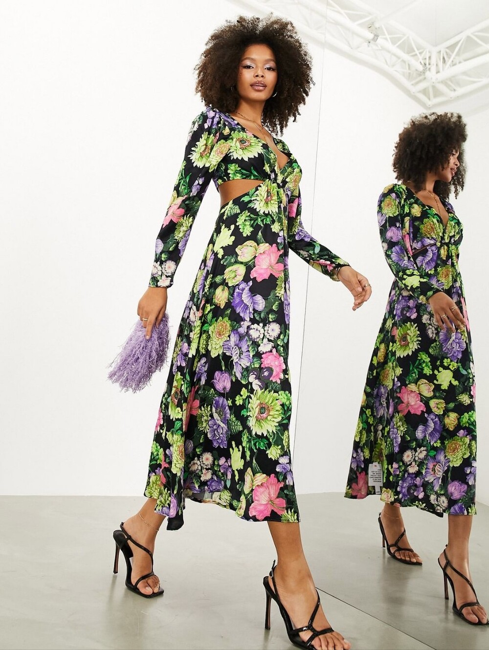 ASOS Edition Satin Midi Dress With Cut Out Back In Bright Floral Print Sz 4